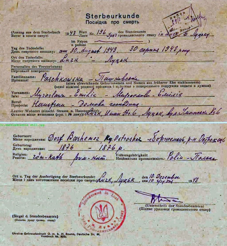 KKE 5938.jpg - (niemiecki) Dok. Akt zgonu Mirosławy Emilii Paszkowskiej (choroba serca), Łuck, 30 VIII 1943 r.